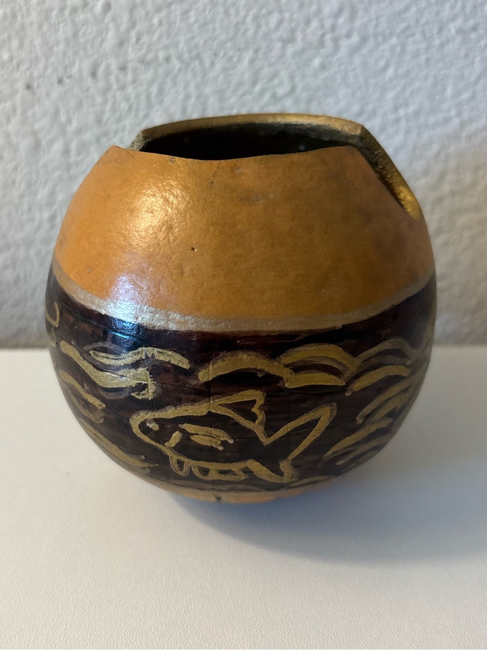 Hand‑Carved Decorative Gourd Bowl • Folk Art • Rustic Boho Home Decor